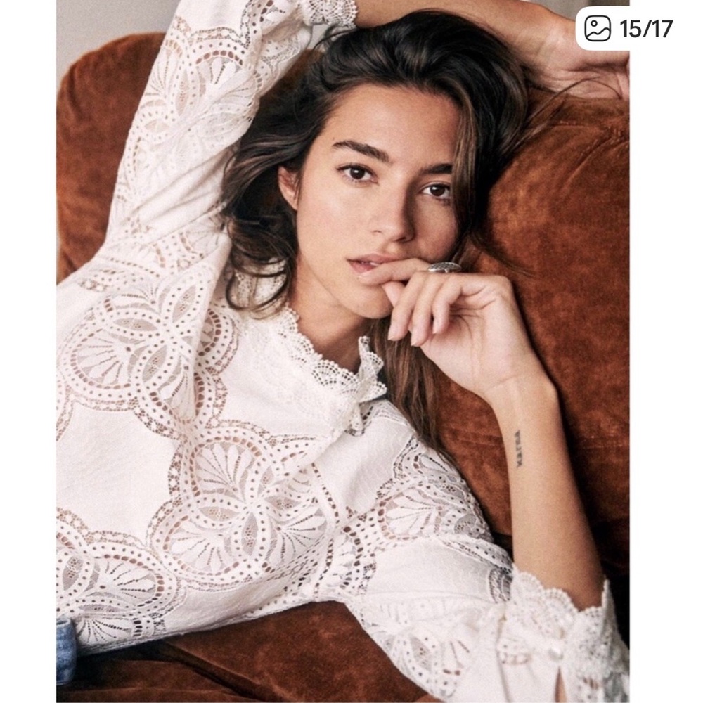 Sézane Bianca Ecru Eyelet Lace Blouse Organic Cotton Size 2 - Picture 4 of 14